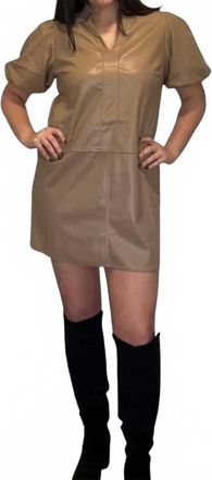 THML Clothing Natasha Puff Sleeve Leather Mini Dress In Beige