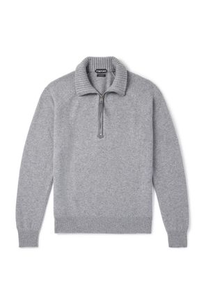 Tom Ford Leather-Trimmed Wool and Cashmere-Blend Half-Zip Rollneck Sweater