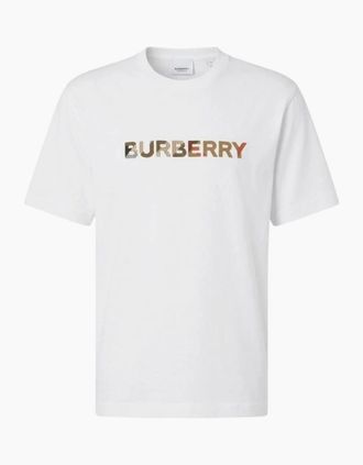 Burberry Mens Burberry Check Logo Embroidered T Shirt White - Size: 42