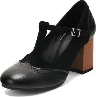 Generic Womens T-Strap Buckle Mary Janes Block Mid Heels Vintage Brogues Pumps Comfort Round Toe Wedding Uniform Casual Shoes (Black,5.5)