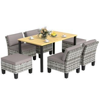 OUTSUNNY 7 PCS Rattan Garden Dining Set with Cushions - Umbrella Hole - Grey | TJ Hughes