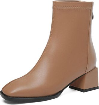 Generic Womens PU Leather Ankle Boots Square Toe Mid Chunky Heels Back Zipper Comfortable Slip-Resistant Durable Casual Daily Office Work Shoes,Apricot,4.5 UK