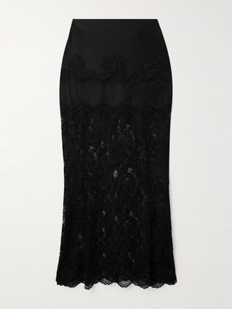 Paco Rabanne Gonna Midi In Raso E Pizzo Smerlato - Nero