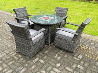 Fimous Rattan Garden Furniture Gas Fire Pit Round Dining Table Set Gas Heater & Dining Chairs 4 Seater in Dark Grey