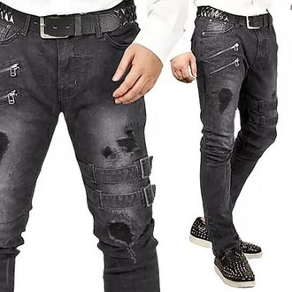 Generic Ripped Jeans for Men - Heavy Duty Denim Wash - Slim Biker Jeans - Zipper Deco Buckle Strap Jeans - Hip Hop Gothic Punk Jeans Trousers - Tapered Leg De