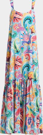 Etro Blue Summer-Print Cotton Voile Maxi Sundress