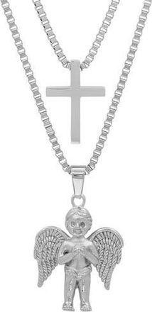 Steeltime Mens Stainless Steel Layered Cross & Cherub Pendant Necklace in Silver at Nordstrom Rack