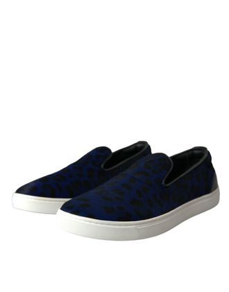 Dolce & Gabbana Mens Blue Calfskin Hair Leopard Sneakers Shoes Black And