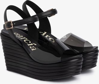 Pedro Garcia Wedge sandal in black leather with vinyl stripe | Danila | Fall winter 25 | PEDRO GARCIA