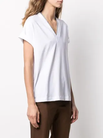 Brunello Cucinelli Womens T-Silvery Trim V-Neck T-Shirt Aw25 W