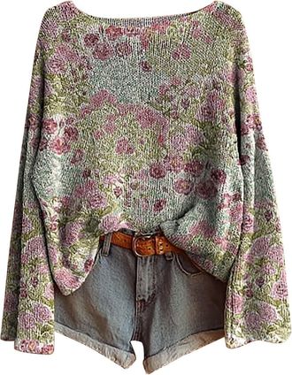 Generic Oversized Sweater for Women UK 2025 Fall Winter Boho Style Vintage Floral Print Pullover Tops Casual Long Sleeve Crewneck Knitted Blouse Comfy Loose F