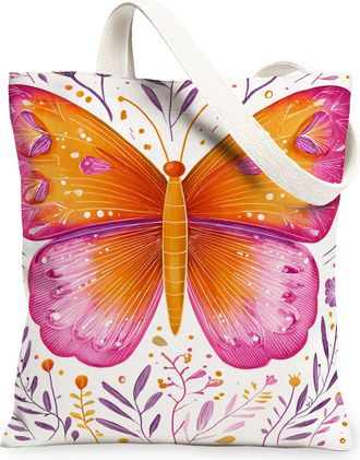 Generic Butterfly Floral Canvas Tote Bags, Vintage Butterfly Print Reusable Grocery Bags, Lightweight Washable Shoulder Strap, Peach, 13x15 Inch