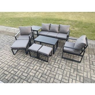 Fimous Fimous Aluminium 8 Pieces Garden Furniture Sofa Set with Cushions 8 Seater Outdoor Patio Set with 2 Armchair 3 Footstools Side Table Dark Grey