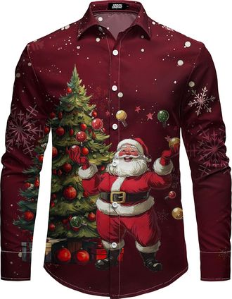 JOGAL Mens Funny Christmas Shirt Long Sleeve Santa Claus Shirts Xmas Dress Shirts for Men Wine Red XX-Large