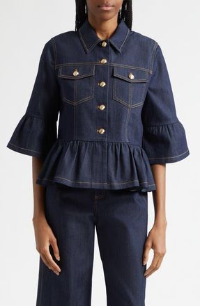 Cinq &agrave; Sept Mandie Denim Peplum Shirt Jacket in Indigo at Nordstrom, Size Xx-Small