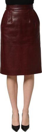 Dolce & Gabbana Womens Burgundy Leather High Waist Pencil Midi Skirt Lamb Calf