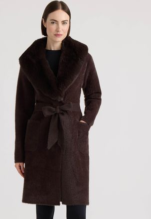 NVLT Womens Eyelash Belted Coatigan with Faux Fur Collar