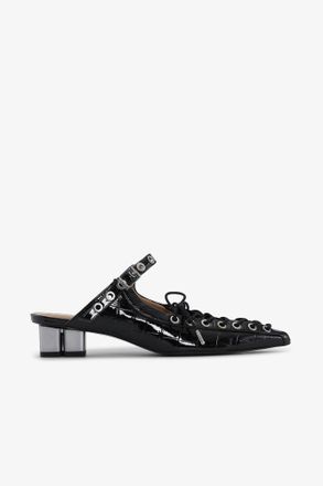 Ganni Black Croc Patent Lace-Up Mules in - Size 8/10 Recycled Leather
