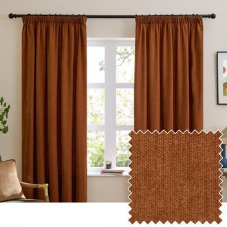 furn. Soft Chenille Blackout Pencil Pleat Curtain Pair in Burnt Orange | Size: 229 cm width x 183 cm drop