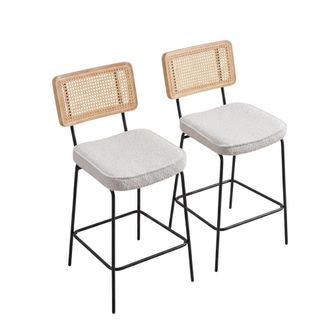 Urban Meuble Set de 2 taburetes de bar de tela boucl&eacute; beige y respaldo de rat&aacute;n