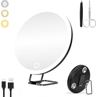 OEM Miroir Grossissant - Agrandissement 10x - Iluminaci&oacute;n Led Ajustable 3 Colores - Soporte Ajustable Y Ventosas - Di&aacute;metro 15 Cm - Negro