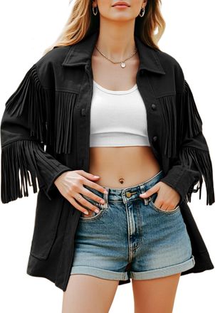 Fengbay Faux Suede Jackets for Women Western Fringe Bomber Motorcycle Biker Y2K Jacket Long Sleeve with Pockets 2025 Trendy Coats