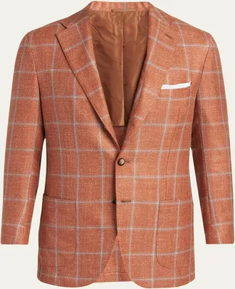 Kiton Mens Windowpane Check Single-Breasted Sport Coat