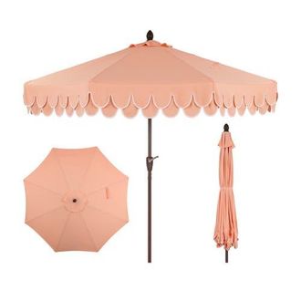Jonathan Y Designs Tracy 9 ft. Classic MidCentury Scalloped Fringe Market Patio Umbrella with Auto-Tilt, Crank, Wind Vent and UV Protection in Coral Pink at