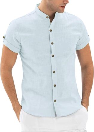 Generic Mens Short Sleeve Grandad Collar Shirt - Mens Linen Shirts Short Sleeve, Casual Plus Size Loose Fit Shirt Mens Solid Color Casual Shirts Button Down T