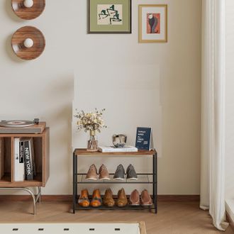 Woltu Woltu - Banco Para Zapatos De Metal Con Asiento De Madera Estante De Zapatos De 2 Niveles De 6 Pares De Zapatos Para Recibidor Entrada A