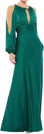 Mac Duggal Satin Cold Shoulder Keyhole Gown In Emerald Green