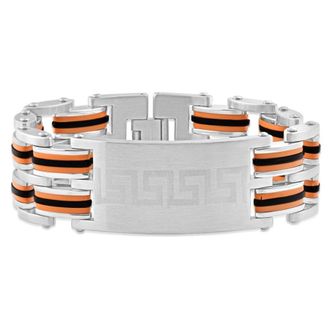 Pompeii3 Mens Steel Brushed Orange And Black Three Tone 24mm Link Flexible 8 Bracelet