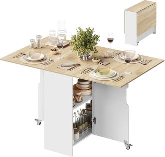 Woltu Woltu Mesa Plegable De Madera Reconstituida Con 2 Ruedas Giratorias Y Estantes Abiertos (capacidad Para 2-4 Personas), Blanco + Roble Claro