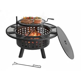 Relaxdays Braciere Relaxdays, &Oslash; 91,5 cm, griglia 360&deg; regolabile, coperchio, attizzatoio, da giardino, nero