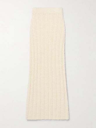 Khaite Gonna Midi In Misto Seta E Cashmere Spazzolato A Coste Claire - Crema