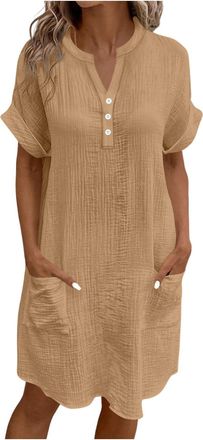 Generic Linen Dresses for Women UK Cap Sleeve Boho Dress Summer Midi Dress with Pockets Button V Neck Beach Shirt Dresses Milkmaid Kaftan Cotton Petite Ladies