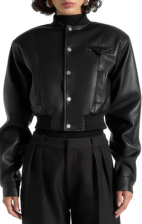 Mani&egrave;re De Voir Zina Leather Wide Shoulder Bomber Jacket in Black at Nordstrom, Size 10