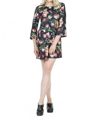 Papillon Floral Print Lace Inset Bell Sleeve Dress In Navy