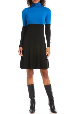Karen Kane Colorblock Long Sleeve Turtleneck Jersey Dress in Black With Blue at Nordstrom, Size X-Large