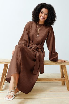 Trendyol Modest Dames Bruin Effen Maxi Lang Casual Recht Modest Jurken