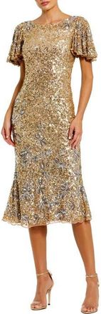Mac Duggal Womens Flutter Sleeve Floral Embellished Sequin Midi Dress in Nude Gold at Nordstrom, Size 14