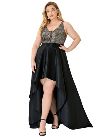 Ever-pretty Women Plus Size Prom Dress Satin Sequin High Low Black 22