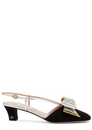 Valentino Garavani Bowow 45 Embellished Moiré Pumps - Black And Silver