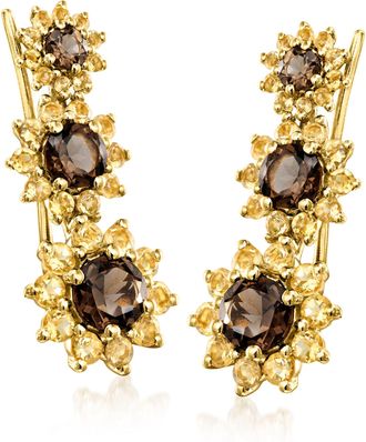 Ross-Simons Smoky Quartz and Citrine Sunflower Ear Climbers in 18kt Gold Over Sterling