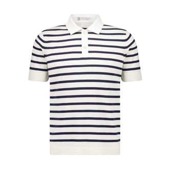 Brunello Cucinelli Tops, Heren, Wit, S, Katoen, Gestreept Poloshirt Trui Korte Mouw