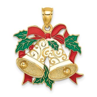 Diamond2Deal 14k Yellow Gold Enamel Holiday Bells Holly Charm