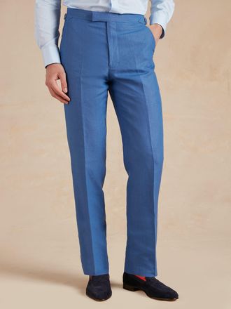 Oliver Brown Flat Front Linen Trousers - Cobalt Blue