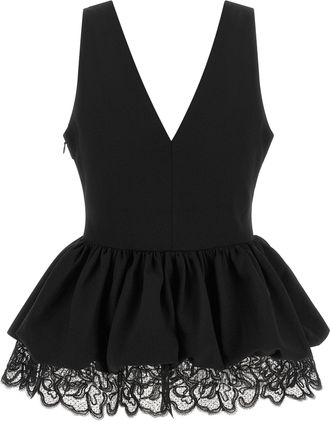 Rotate Lace-Trimmed Peplum Blouse - Black