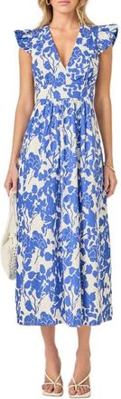 English Factory Print Tie Back Midi Dress in Blue at Nordstrom, Size Medium
