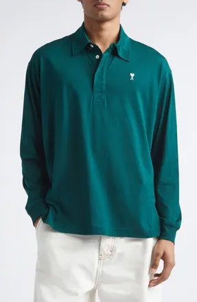 Ami Ami de Coeur Embroidered Long Sleeve Cotton Polo in Vert Sapin/blanc Creme at Nordstrom, Size X-Large